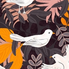 white birds on tropical leaves pink purple orange, large scale