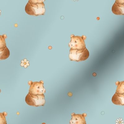 Cute little hamsters with daisy flowers on blue