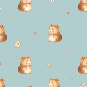Cute little hamsters with daisy flowers on blue