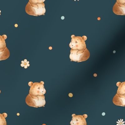 Cute hamsters with daisy flowers on black