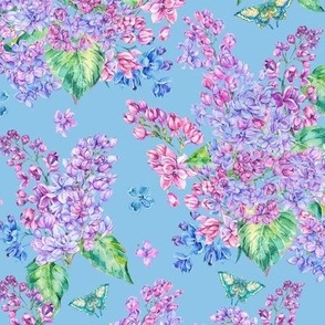 Watercolor blue lilac flowers