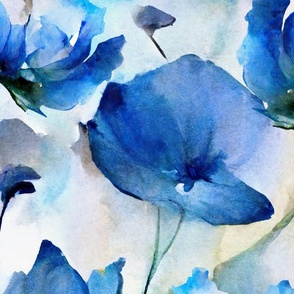 Wild Poppy Flower Loose Abstract Watercolor Floral Pattern In Royal Blue