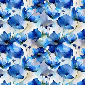 Wild Poppy Flower Loose Abstract Watercolor Floral Pattern In Royal Blue Smaller Scale