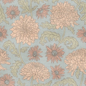 Chrysanthemums on light teal blue