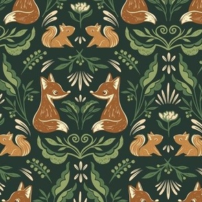 whimsical woodland with fox and squirrel in brown and forest green
