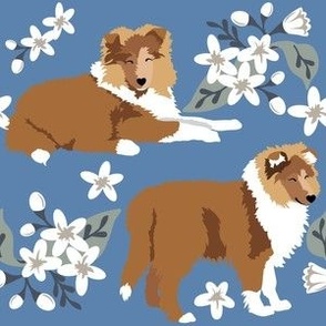 large print // Collie Puppy floral denim blue small-white flowers rough collie-dog fabric