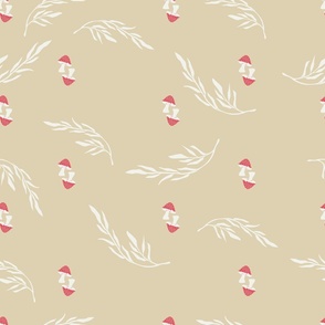 Small mushrooms and branches on beige background