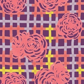 Roses on Plaid Pattern - Purple
