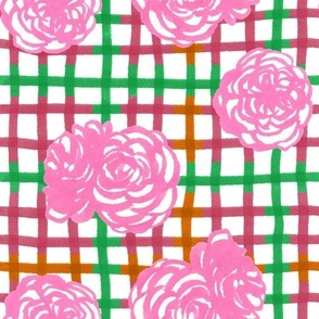 Roses on Plaid Pattern - Pink, Green