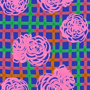 Roses on Plaid Pattern - Blue