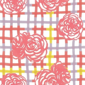 Roses on Plaid Pattern - Pastel Red