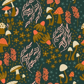 Golden mushrooms, flowers, branches and berries on deep green background