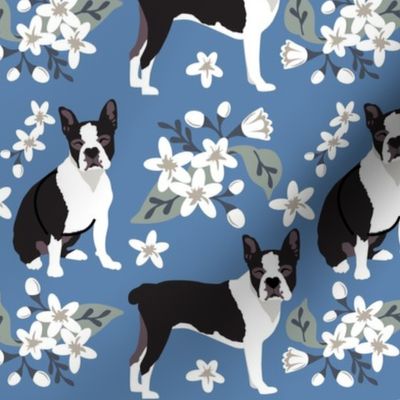 large print // Boston Terrier Dog Floral Denim small print white flower dog fabric 