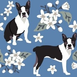 large print // Boston Terrier Dog Floral Denim small print white flower dog fabric 