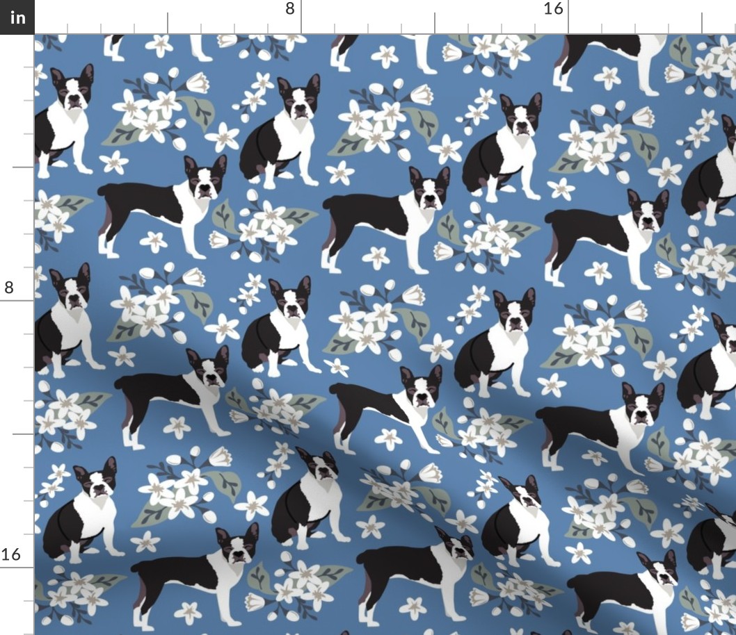 large print // Boston Terrier Dog Floral Denim small print white flower dog fabric 