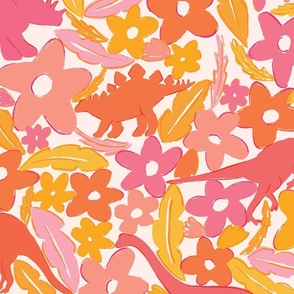 Whimsical Dinosaur Garden in Pink and Yellow  Wallpaper (Jumbo)