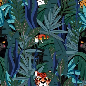 Small Scale Tropical jungle tiger, black panther, leopard and tucan black background.