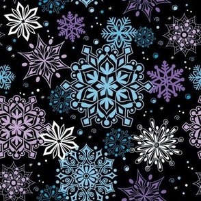 Snowflakes in Blue and Purple on Black