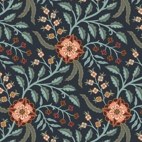 Spring trailing floral in Indian style with peach and coral flowers on Midnight blue - large