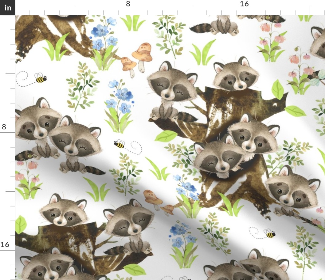 Woodland Animals Raccoon Tree Floral Greenery 