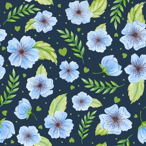 Large Scale Soft Blue Flowers on Navy