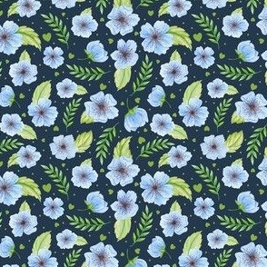 Small Scale Soft Blue Flowers on Navy