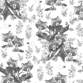 Gray Watercolor floral woodland animals raccoon tree