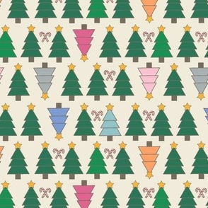 Pastel Christmas Trees and Candy Canes on Cream in Horizontal Rows