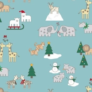 Whimsical Zoo Animals and Snowmen on Teal Gender Neutral for Kids and Nursery 