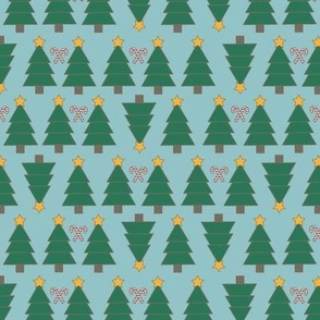 Christmas Trees with Stars  and Candy Canes in Horizontal Rows on Light Teal Small Scale