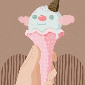 Gouache Clown Ice Cream Cone Pink and Brown