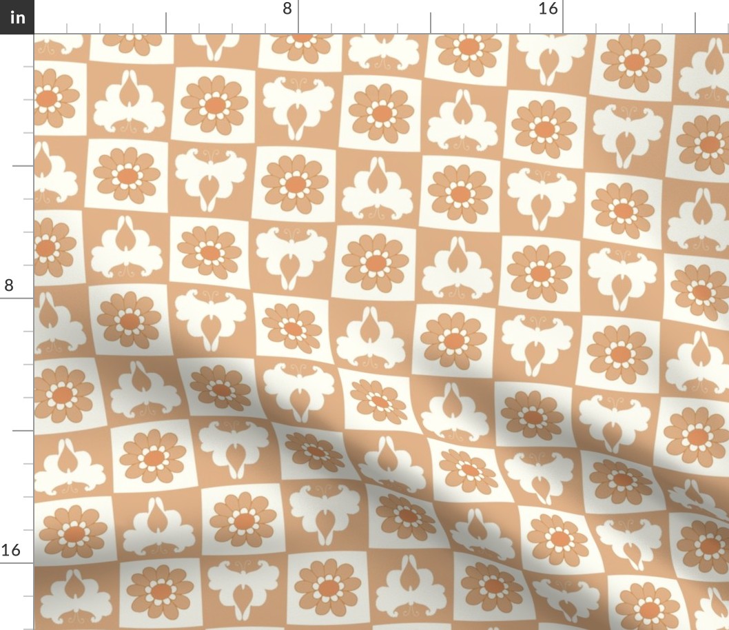 Butterfly retro floral checkerboard honey brown Regular Scale by Jac Slade