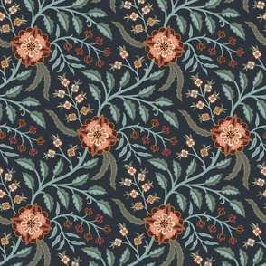Spring trailing floral in Indian style with peach and coral flowers on midnight blue - mid-large