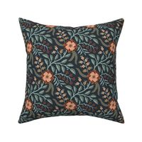 Spring trailing floral in Indian style with peach and coral flowers on midnight blue - medium