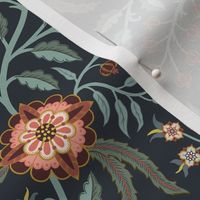 Spring trailing floral in Indian style with peach and coral flowers on midnight blue - medium