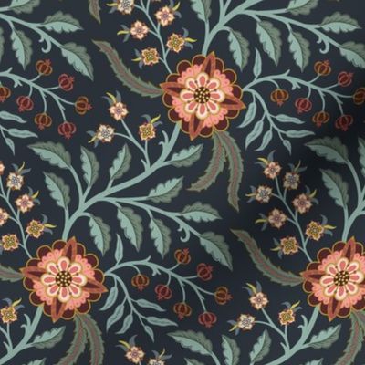 Spring trailing floral in Indian style with peach and coral flowers on midnight blue - medium