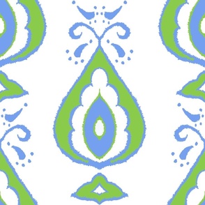 Teardrop Ikat Paisley in Cornflower Blue, Lime and White - Large Scale