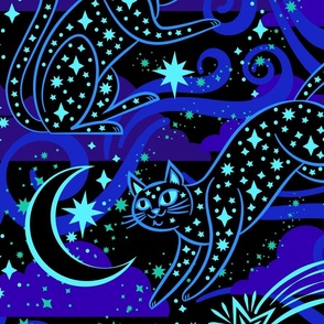 Starry Night Kitties Wallpaper in Blue