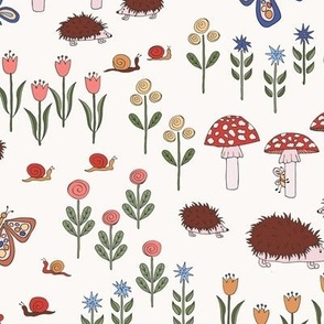 332 - Medium jumbo scale Whimsical garden with hidden bees Multicolour Punky Hedgehogs and Mushrooms -  for home decor, nursery curtains, cot sheets, breastfeeding pillows, cloth diapers, kids apparel.