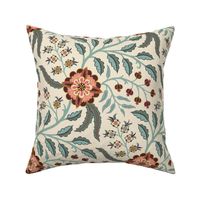 Spring trailing floral in Indian style with peach and coral flowers on cream - large