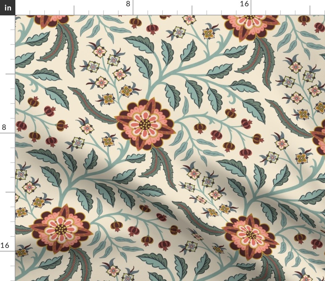 Spring trailing floral in Indian style with peach and coral flowers on cream - large