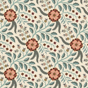 Spring trailing floral in Indian style with peach and coral flowers on cream - mid-large