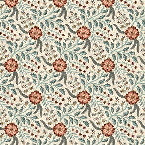 Spring trailing floral in Indian style with peach and coral flowers on cream - medium