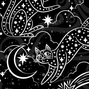 Starry Night Kitties Wallpaper in Black and White