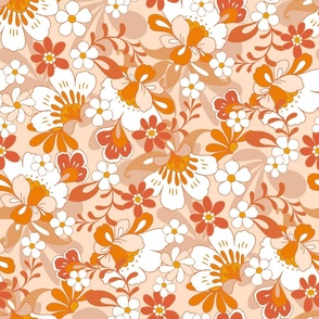 Retro floral blooms natural orange brown large scale by Jac Slade