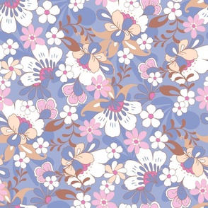 Retro floral blooms pink blue lilac brown large scale  by Jac Slade