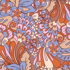 Vintage Retro 70s blooms blue lilac pink brown large scale by Jac Slade