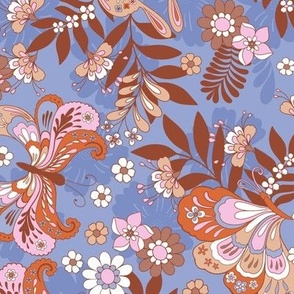 70sRetro Butterflies and flowers Blue lilac pink brown Large Scale by Jac Slade