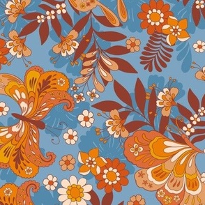 70s Retro Butterflies and flowers blue brown orange yellow large scale  by Jac Slade