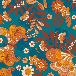 Retro Butterflies and flowers teal brown orange yellow large scale by Jac Slade